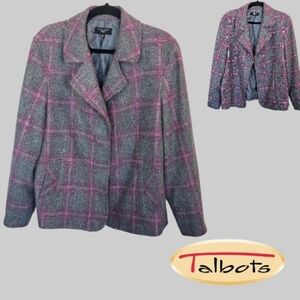Talbots Gray Pink Plaid Windowpane Wool Blend Tweed Blazer Jacket Womens 16W